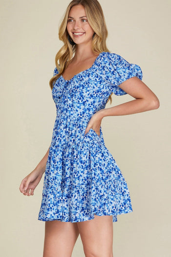 Blue Puff Sleeve Tie Front Dress