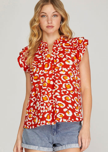 FINAL SALE - Red Printed Butterfly Sleeve Top