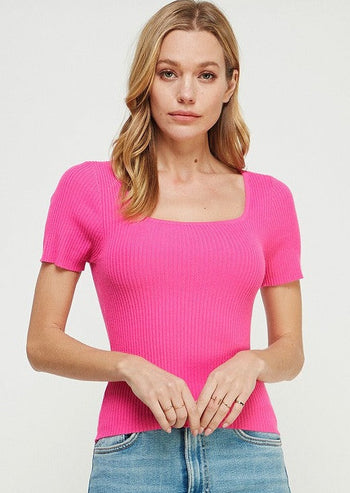Hot Pink Square Neck Ribbed Top
