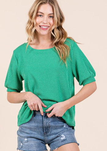 Kelly Green Ribbed Puff Sleeve Top