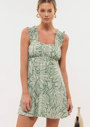 Leaf Print Ruched Strap Dress - 2 Colors!