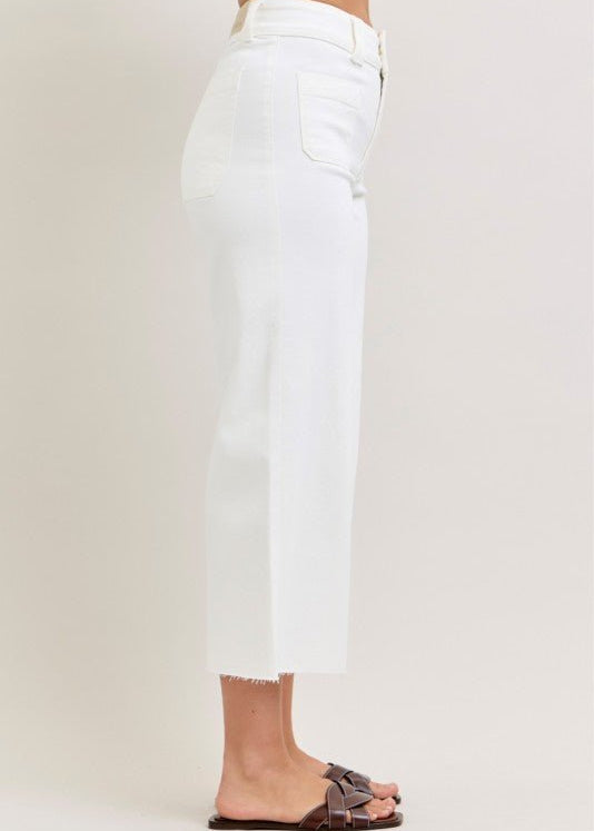 Judy Blue White Crop Wide Leg Front Patch Pocket - The Nines