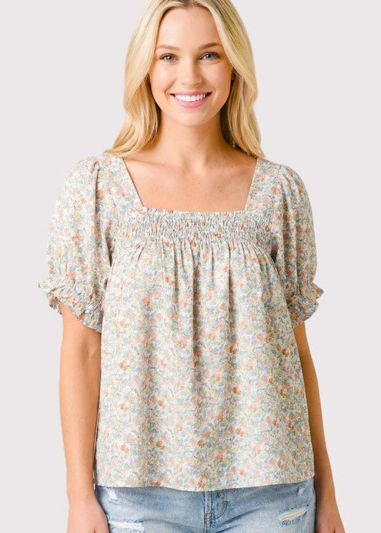 Smocked Floral Print Top - The Nines