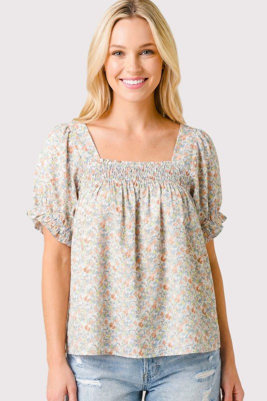 Smocked Floral Print Top - The Nines
