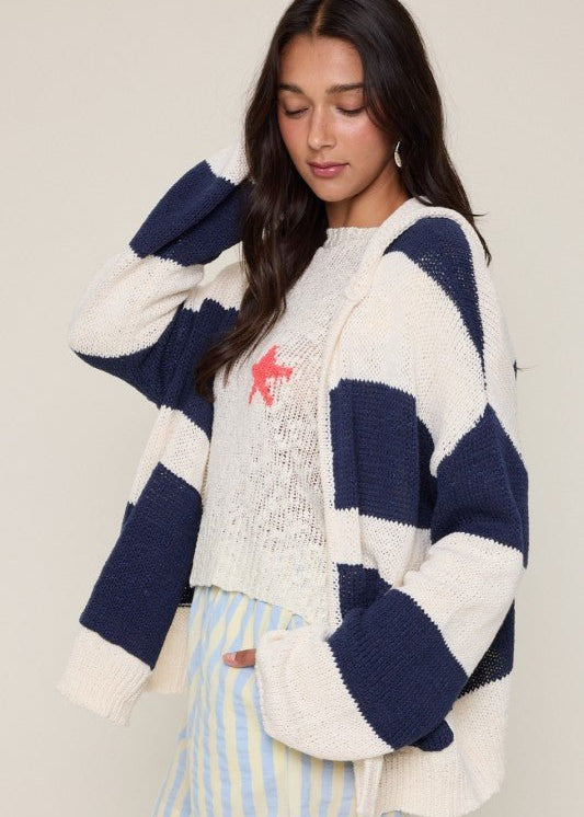 Navy Striped Hooded Beachy Cardigan - The Nines
