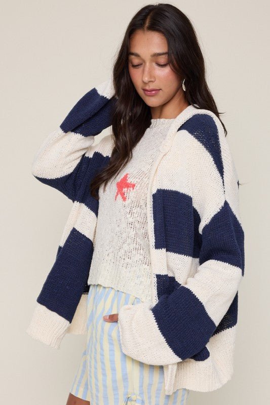 Navy Striped Hooded Beachy Cardigan - The Nines