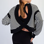 Black Striped Open Back Long Sleeve Top - The Nines