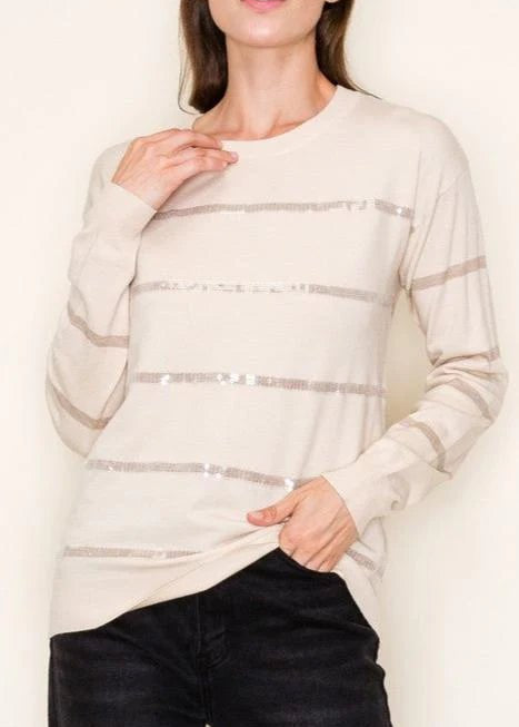 Oatmeal Sequin Stripe Pullover - The Nines