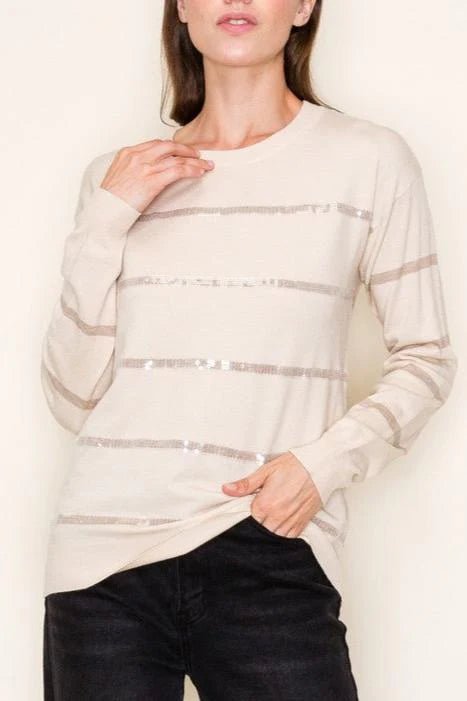 Oatmeal Sequin Stripe Pullover - The Nines