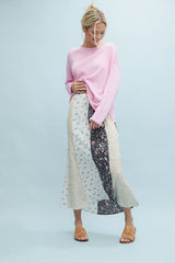 Blue & Cream Floral Drawstring Midi Skirt