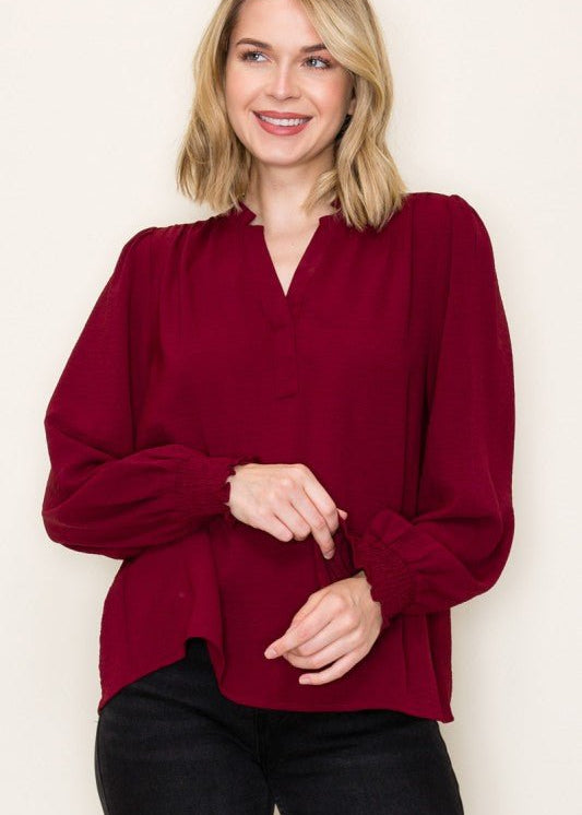 Split Neck Smocked Sleeve Top - 3 Colors! - The Nines