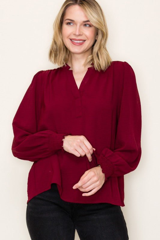 Split Neck Smocked Sleeve Top - 3 Colors! - The Nines