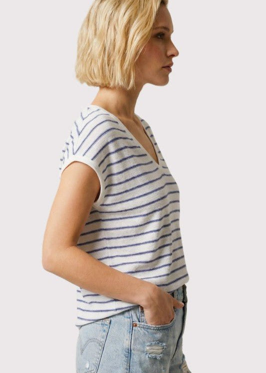 Ivory & Navy Striped V - neck Knit Top - The Nines