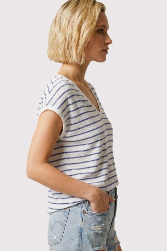 Ivory & Navy Striped V - neck Knit Top - The Nines