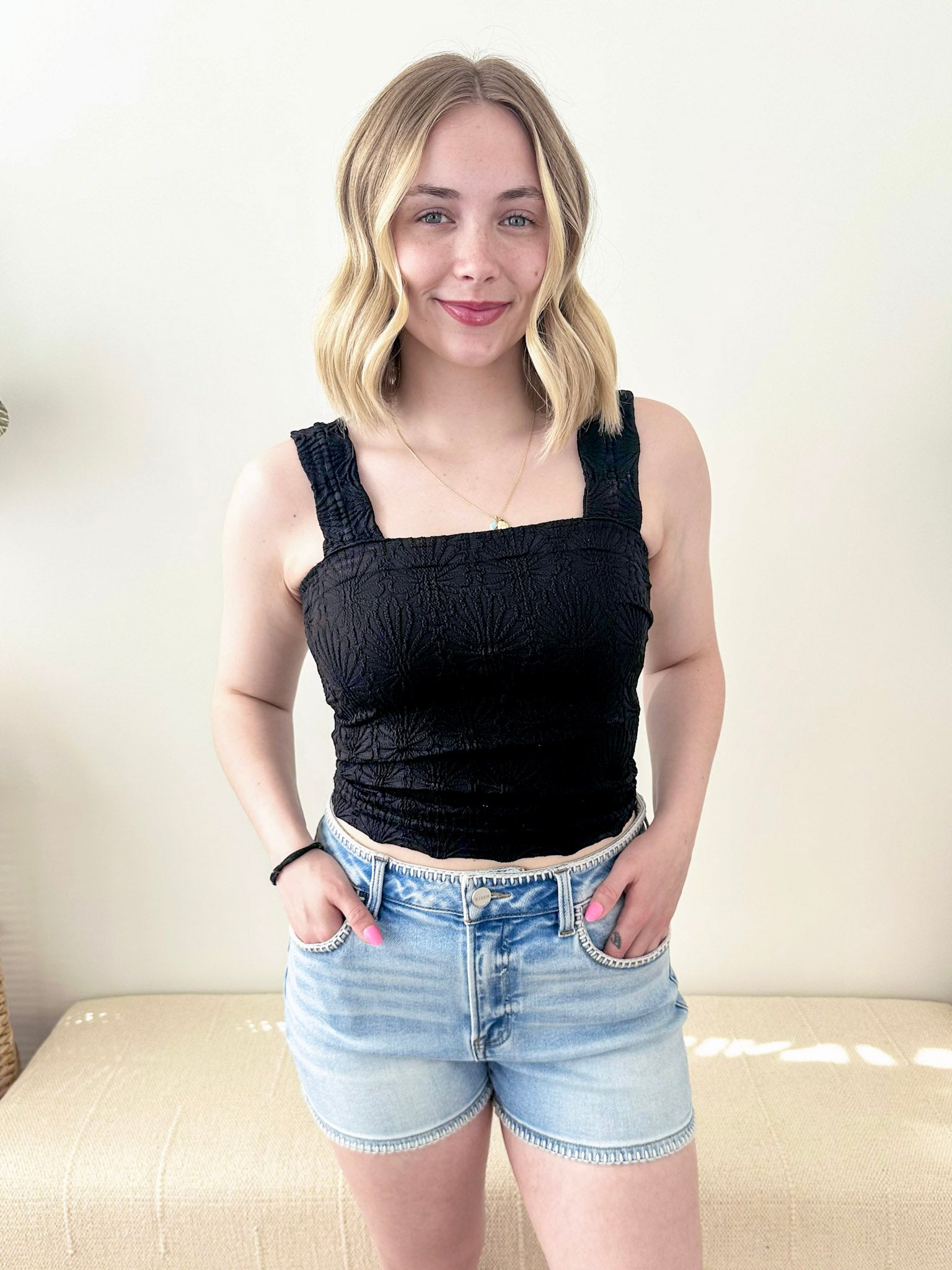 Nikibiki Lace Textured Square Neck Tank Top - The Nines