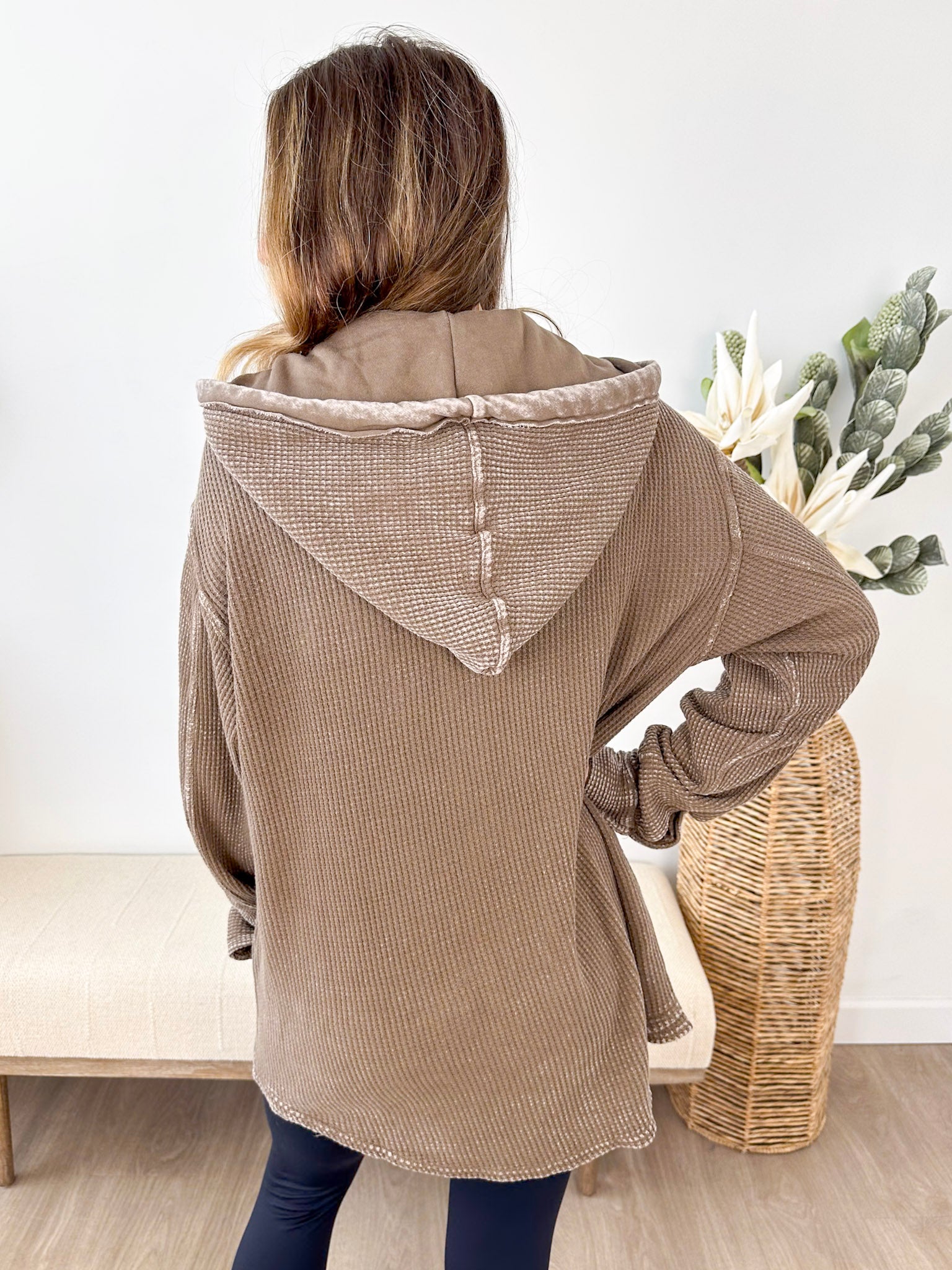 Mineral Wash Waffle Knit Hoodie Shacket - The Nines