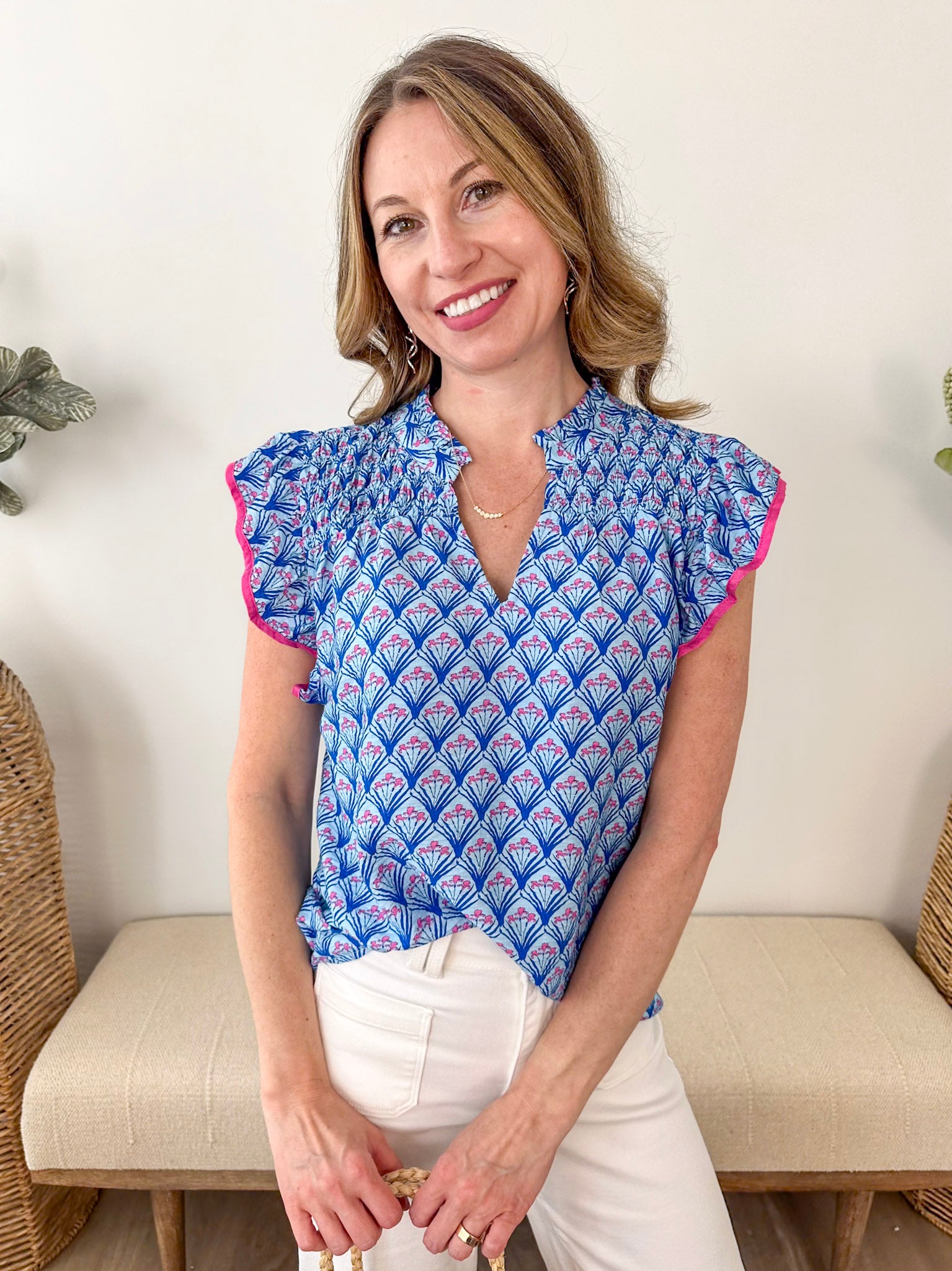 Blue & Pink Contrast Ruffled Blouse - The Nines