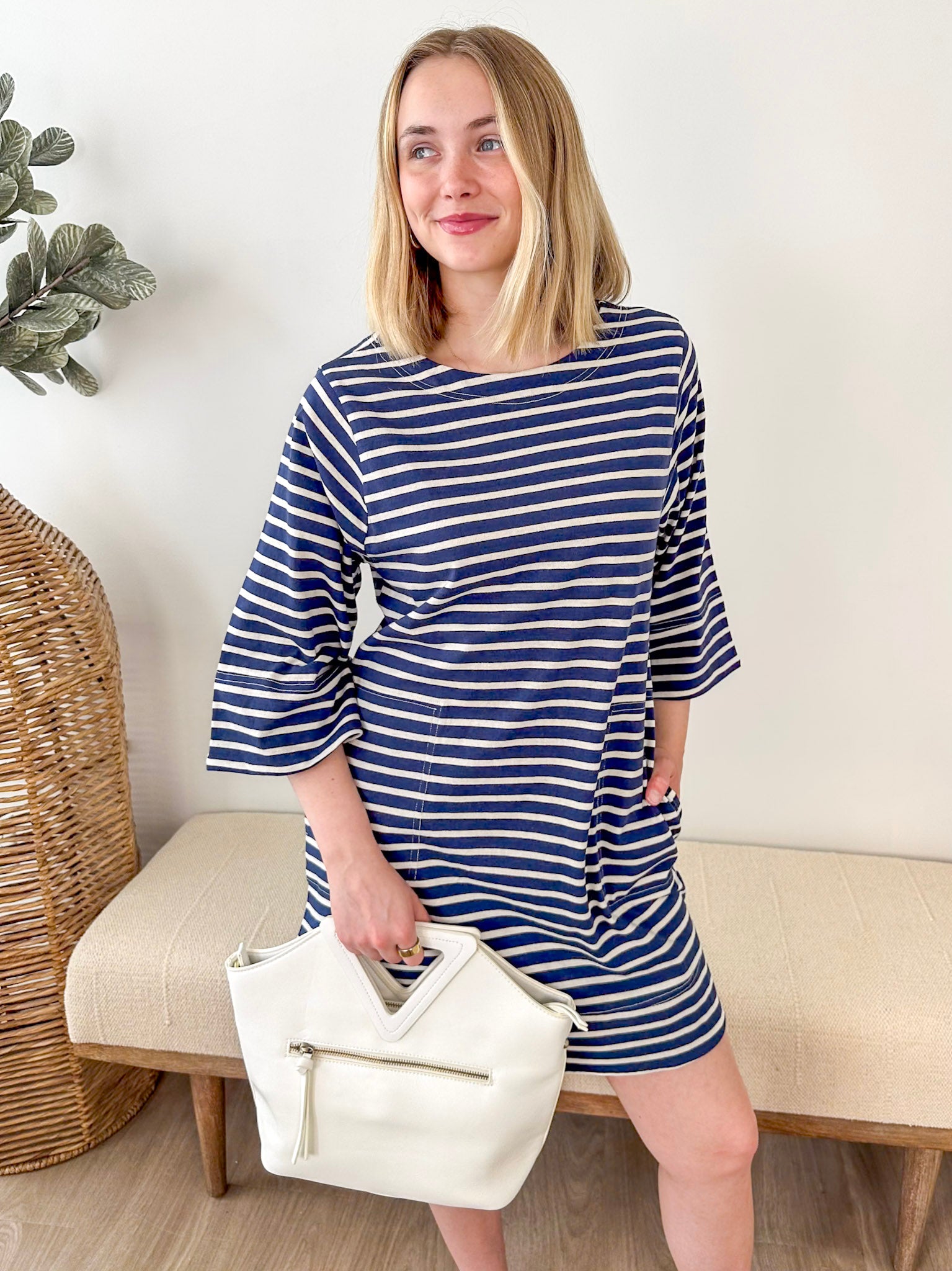 Striped Half-sleeve Mini Dress - The Nines
