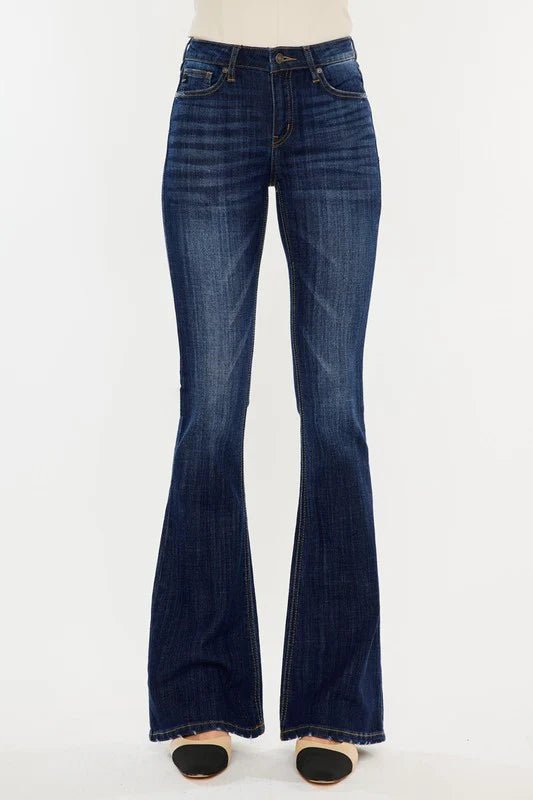 Kan Can Mid Rise Dark Wash Gold Thread Flare Jeans - FINAL SALE! - The Nines
