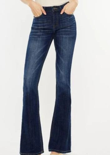 Kan Can Mid Rise Dark Wash Gold Thread Flare Jeans - FINAL SALE! - The Nines