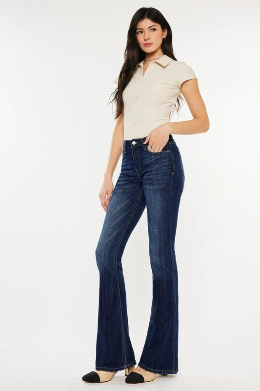 Kan Can Mid Rise Dark Wash Gold Thread Flare Jeans - FINAL SALE! - The Nines