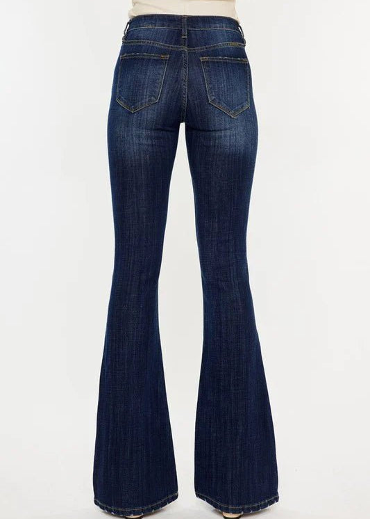 Kan Can Mid Rise Dark Wash Gold Thread Flare Jeans - FINAL SALE! - The Nines