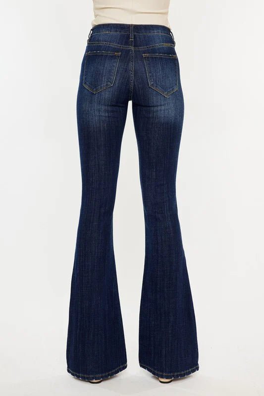 Kan Can Mid Rise Dark Wash Gold Thread Flare Jeans - FINAL SALE! - The Nines