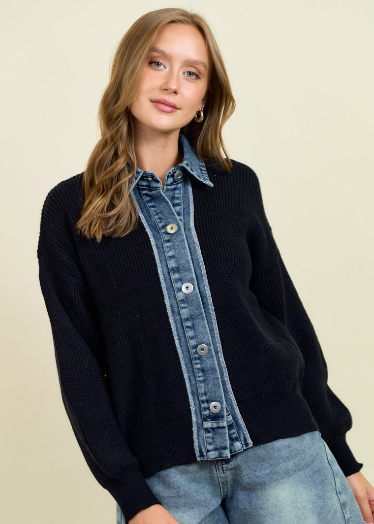 Black & Denim Detail Cardigan - The Nines