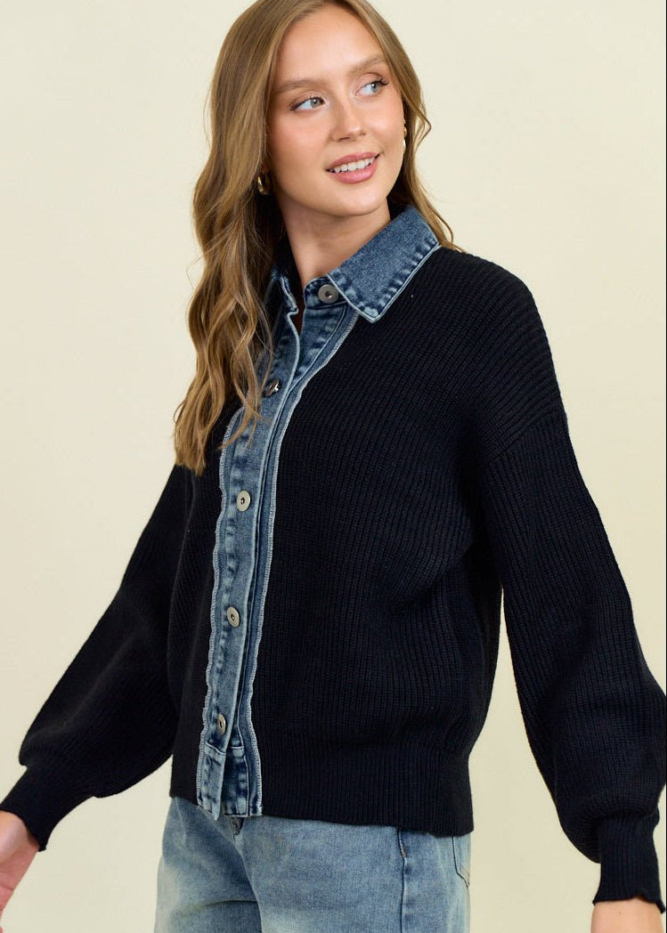 Black & Denim Detail Cardigan - The Nines