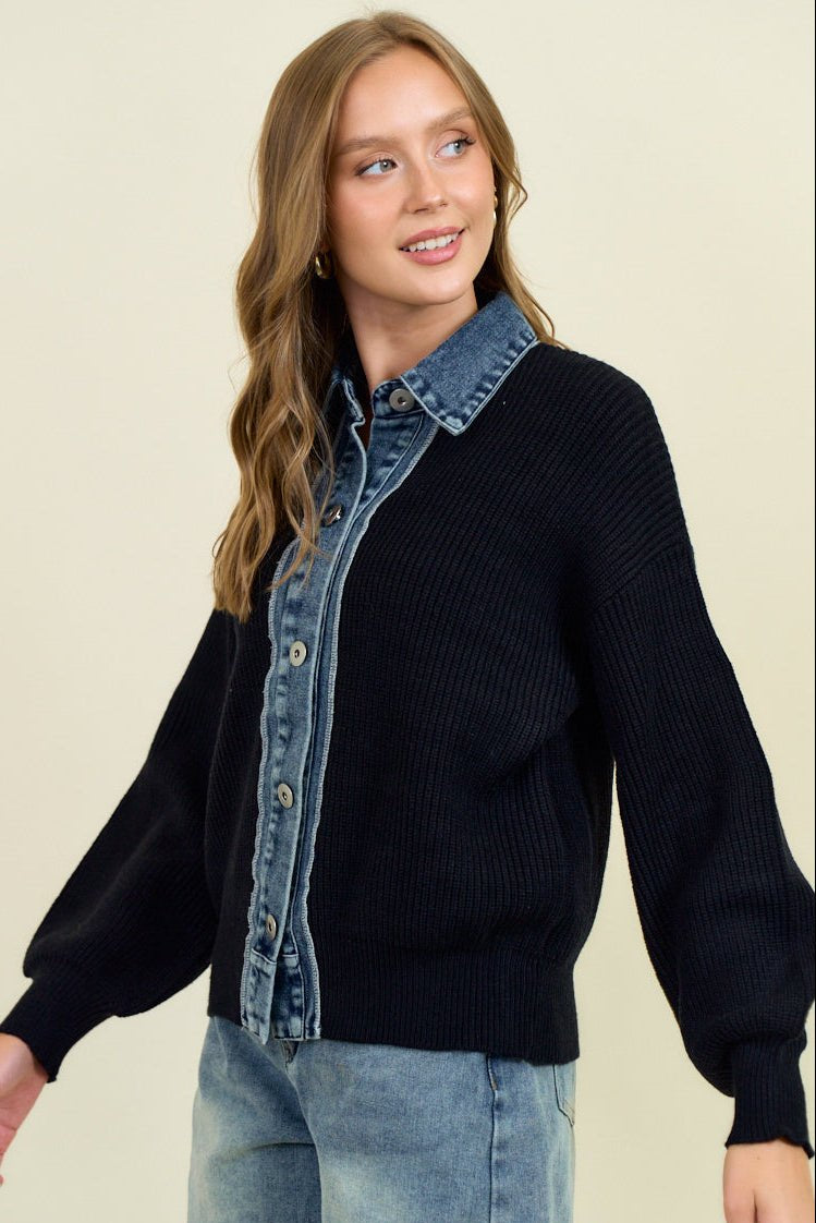 Black & Denim Detail Cardigan - The Nines