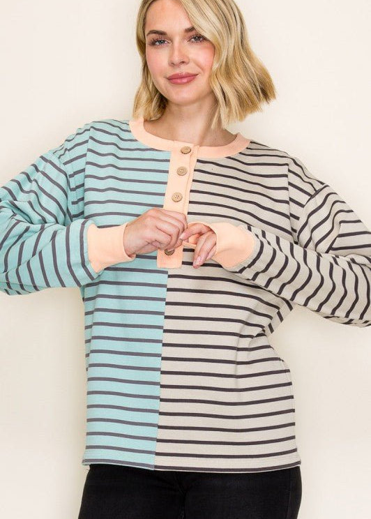Jade & Oatmeal Henley Sweatshirt - The Nines