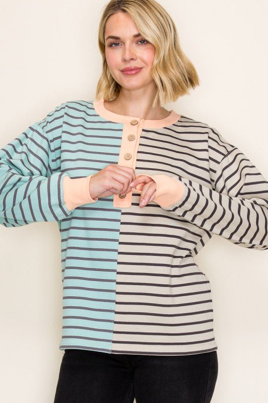 Jade & Oatmeal Henley Sweatshirt - The Nines