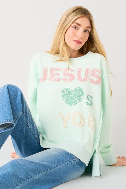 Jesus Loves You Patchwork Mint Sweatshirt - The Nines