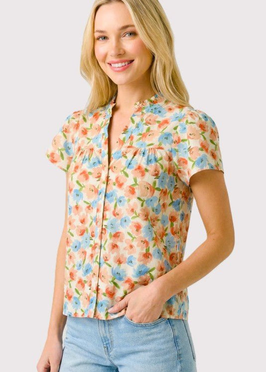 Spring Is Calling Coral & Blue Floral Button Top - The Nines