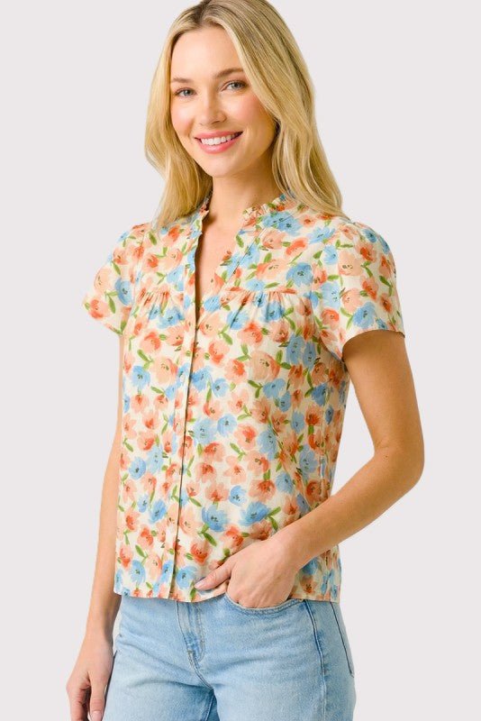 Spring Is Calling Coral & Blue Floral Button Top - The Nines