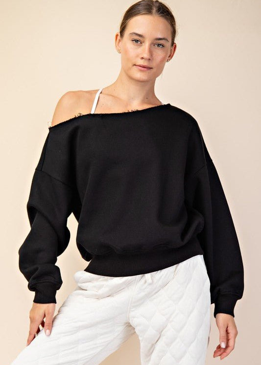 Black French Terry Off The Shoulder Pullover - The Nines