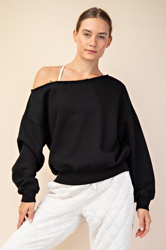Black French Terry Off The Shoulder Pullover - The Nines