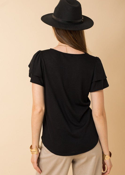 Black Ruffle Short Sleeve Top - The Nines