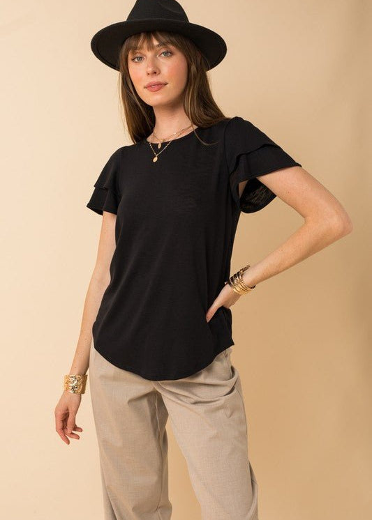 Black Ruffle Short Sleeve Top - The Nines