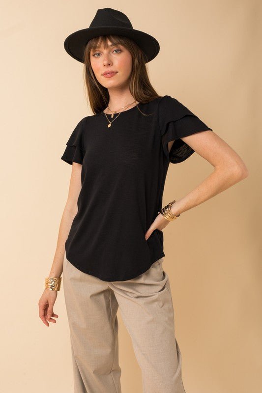 Black Ruffle Short Sleeve Top - The Nines