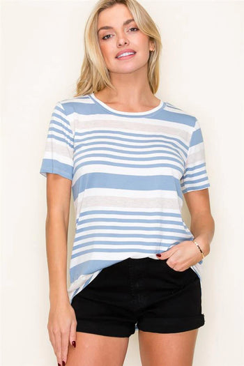 Lovely Day Light Blue & Taupe Striped Top