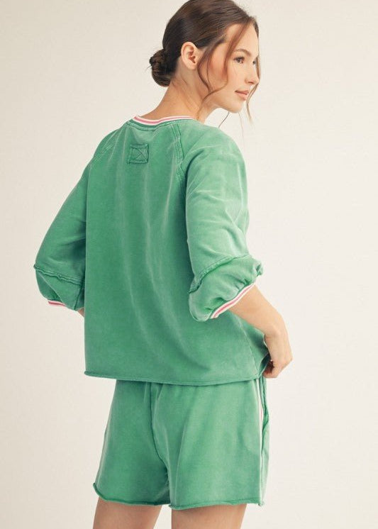 Relaxed Fit Green Edge Detail Washed Top - The Nines
