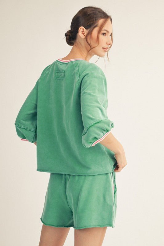 Relaxed Fit Green Edge Detail Washed Top - The Nines