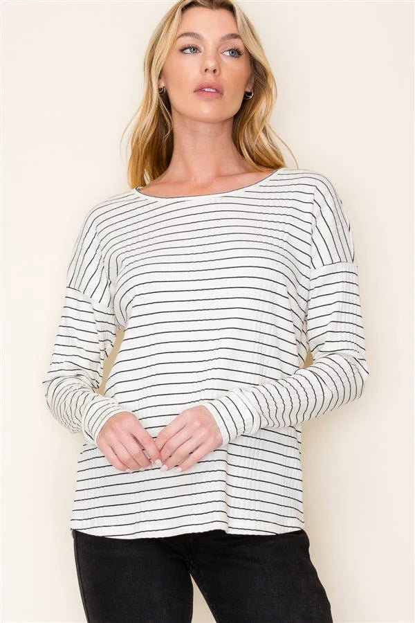 Striped Ribbed Basic Top - The Nines