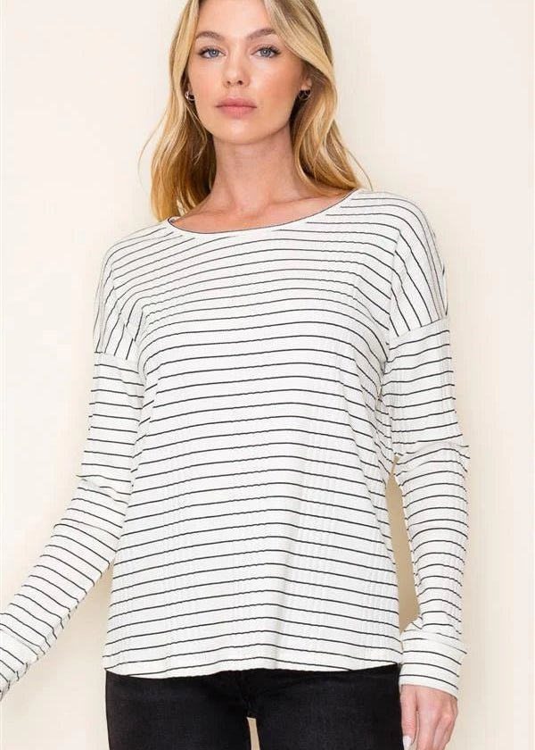 Striped Ribbed Basic Top - The Nines