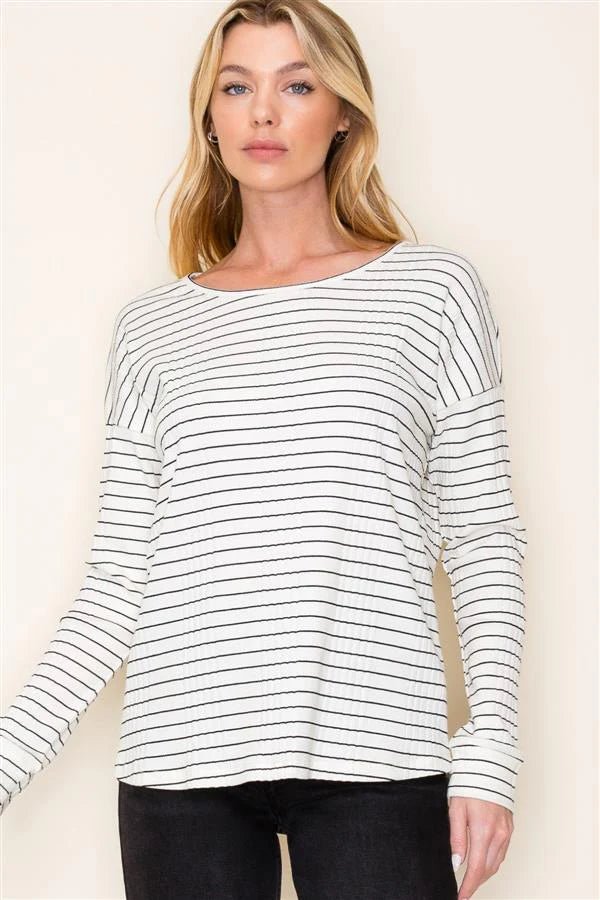Striped Ribbed Basic Top - The Nines
