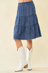 Tiered Frayed Denim Skirt