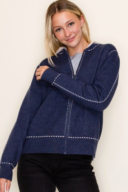 Stitched Sweater Jacket with Detachable Hood - 2 Colors! - The Nines