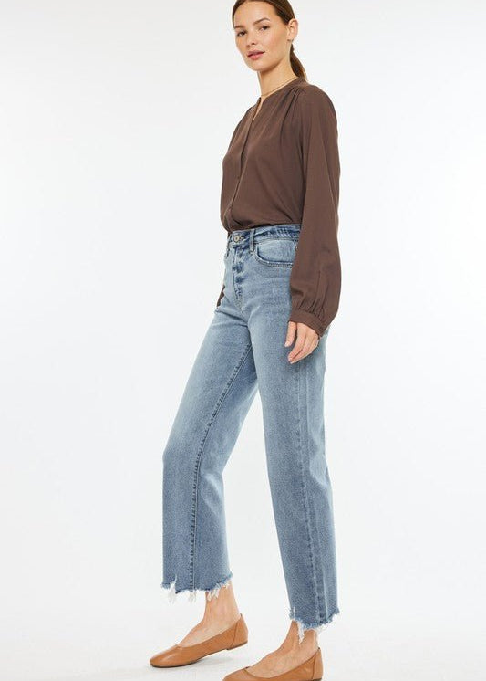 Kan Can High Rise Light Wash Distressed Slim Wide Leg Jeans - The Nines