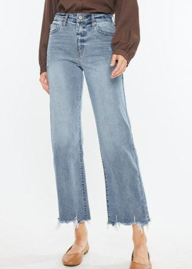 Kan Can High Rise Light Wash Distressed Slim Wide Leg Jeans - The Nines